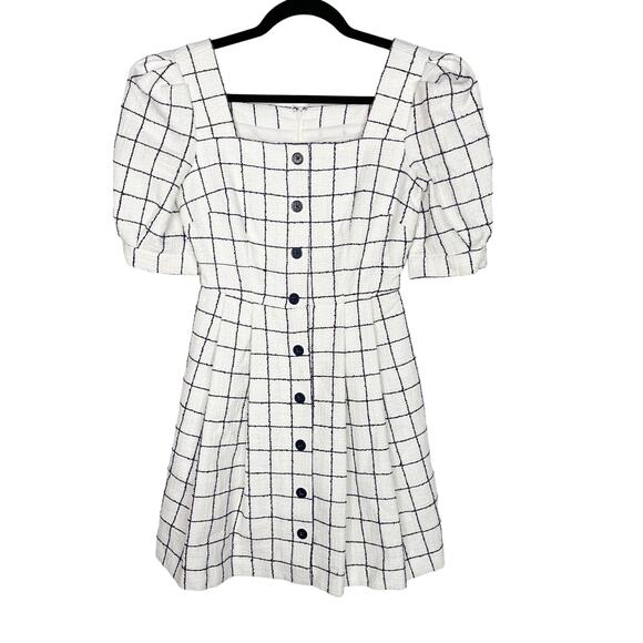 Gal Meets Glam Size 0 White Navy Blue Dawn Windowpane Dress Puff Sleeves Button - Picture 1 of 16